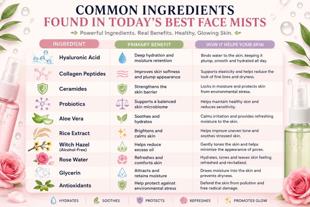 Infographic of common face mist ingredients and their skincare benefits for hydrated, healthy-looking skin.