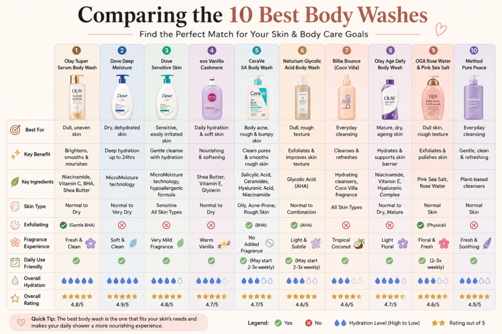 Comparison chart of the 10 best body washes, featuring hydrating, exfoliating, and gentle cleansing formulas for body acne, rough skin, sensitive skin, and everyday body care.